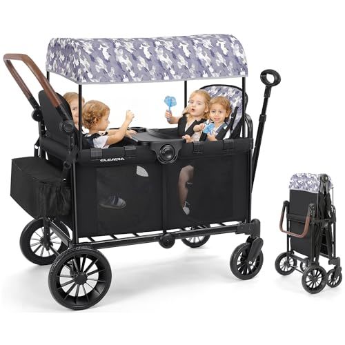 ELEMARA Wagon Stroller 4 Seater, Premium Stroller Wagon for 4 Kids, Foldable All-Terrain Wagon for Kids with Canopy, Adjustable Push/Pull Handles,Convertible High Seat&Organizer, Black+Purple