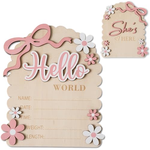 MEMOLEBIA Baby Announcement Sign, Hello World Newborn Sign for Hospital, She’s Here Card, Baby Announcements Ideas, Newborn Photography Props Double-Sided (HW3)