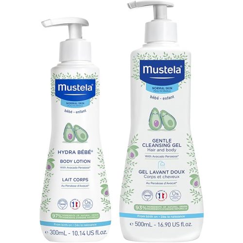 Mustela Baby Bath Time Gift Set - Baby Skin Care Essentials with Natural Avocado - Contains Hydra Bebe Body Lotion 10.14 fl. oz. & Gentle Cleansing Gel 16.9 fl. oz. - 2 Items Set