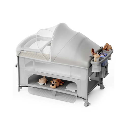 Babyomi 4 in1 Baby Bassinet with Diaper Changer, Long Next to Bed Crib with Mattress, Height Adjustable, Pack and Play, Bedside Crib Sleeper, Beige