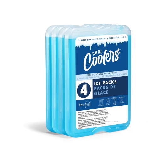 Cool Coolers by Fit & Fresh XL Slim Reusable Ice Packs, Space Saving Ice Packs for Lunch Boxes & Coolers, 4 Pack, Clear Blue