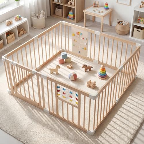 INFANS Wooden Baby Playpen 63" x 63" with Adjustable Size and Shape