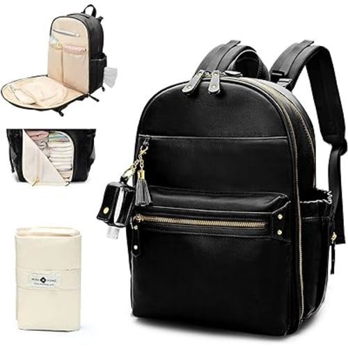 miss fong Diaper Bag Backpack Leather Diaper Bag, Baby Diaper Bag for Baby, 16 Pockets with Hand Sanitizer Holder, Changing Pad, 2 Insulated Pockets(Black)