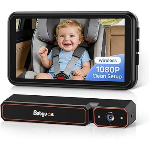 Babyvue Wireless Baby Car Camera, Easy 2-Step Setup, 5.2" Display, 1080P HD IR Night Vision, Clip-On or Strap Mount, 3X Zoom, Back Seat Camera for Baby