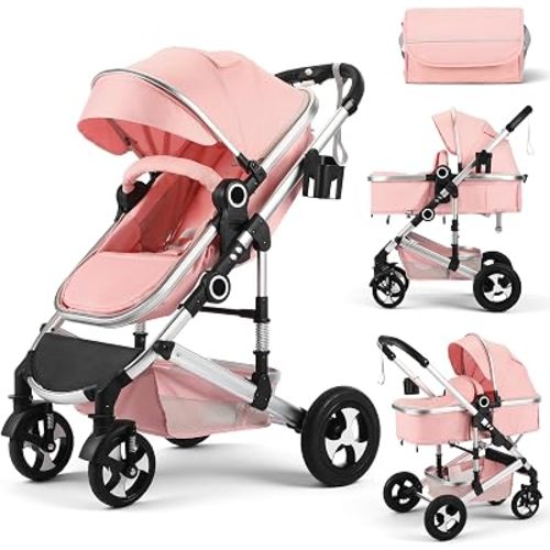Kinder King 2 in 1 Convertible Baby Stroller, Diaper Bag, Pink