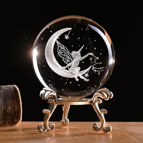 IFOLAINA 3D Fairy Crystal Ball with Stand 60mm Laser Engraved Moon Fairy Glass Ball Decorative Globes Crystal Fairy Sphere Gifts for Girl Her Fairy Lover Birthday Gifts for Daughters