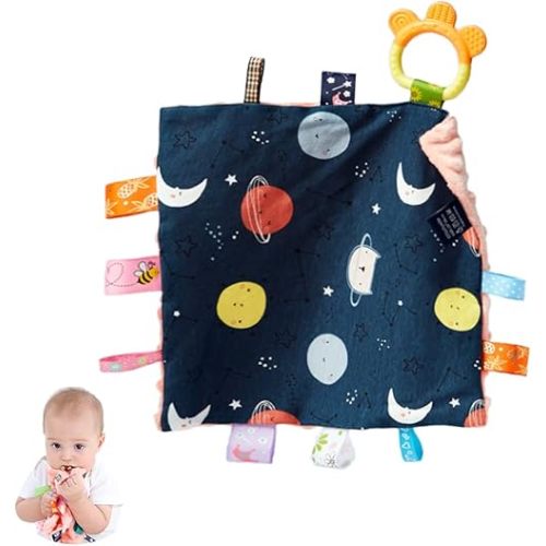 HECCEI Baby Tags Security Blankets - Baby Soothing Plush Blanket with Colorful Tags, Square Sensory Toys, 10 x 10 inches, for 3-12 Months Babies