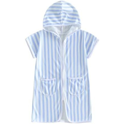 Girls Boys Hooded Terry Coverups One Piece Swimsuits Summer Striped Trim Zip Up Short Sleeve Swim Cover Up Beachwear