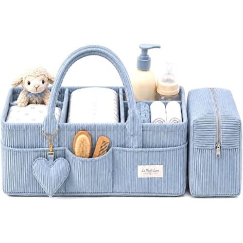 Baby Diaper Caddy Organizer with Matching Zipper Pouch, Soft Corduroy Diaper Storage Basket, Nursery Organizer with Removable Divider, Newborn Essentials, Baby Registry Must Have, Gift for Baby Shower