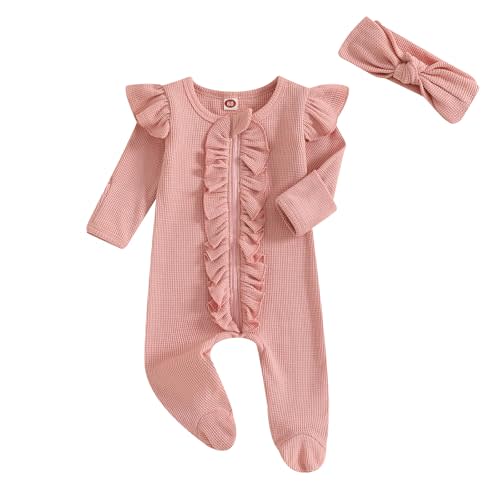 Ayalinggo Newborn Baby Romper Infant Girl One-piece Outfit Waffle Ruffle Zip Footie Spring Summer Clothes With Bow Headband