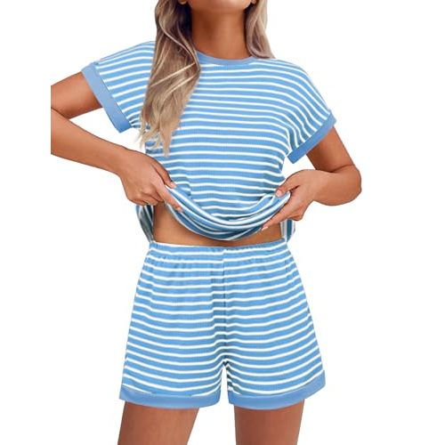Ekouaer Two Piece Sets for Women Summer Striped Lounge Set Vacation Outfit | Casual Cute Waffle Knit Tops Shorts Sets with Pocket for Travel, Jogging, Cruise, Beach, Airport
