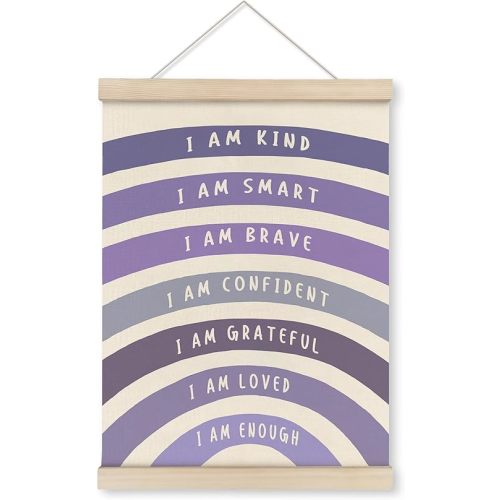 HRQKO Purple I Am Kind Smart Poster Hanger Frame, Boho Rainbow Classroom Wall Art with Wooden Frames, Positive Affirmation Hanging Wall Decor for Nursery Girls Room, Mental Health Decor,12x16 inch