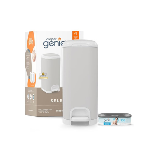 Diaper Genie Select Pail (Grey) is Made of Durable Stainless Steel and Includes 1 Starter Square Refill That can Hold up to 165 Newborn-Sized Diapers.