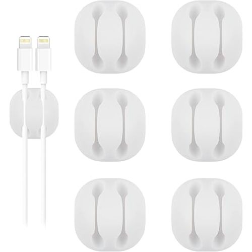Shintop Cable Clips, 6 Pack White Double Cord Holder Adhesive Cord Management Wire Organizer for Organizing Desk Nightstand Car Phones Chargers