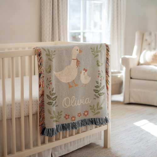Goose Baby Blanket, Personalized Baby Blanket, Custom Baby Name Blanket, Heirloom Blanket, Baby Shower Gift, Newborn Keepsake, Nursery Decor