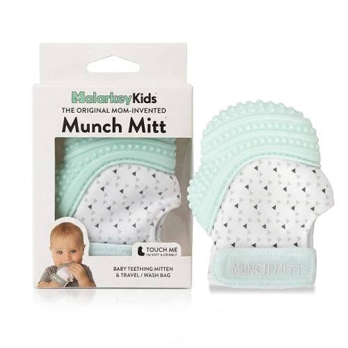 Munch Mitt Patented Teething Mitten Baby Chew Toy - Protects Hands from Chewing & Saliva, Heals Aching Gums, Promotes Sound & Visual Stimulation for Babies - Mint Green Triangles