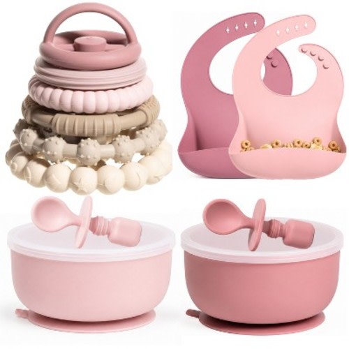 Silicone Baby Feeding Set, Suction Bowls with Lids and Spoons, Waterproof Baby Bibs, Stacking Teether Toys, BPA Free Baby Shower Kit for 0-6 Months