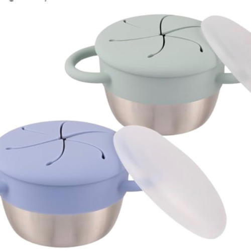 Elk and Friends Stainless Steel Snack Cups | Removable Silicone Food Catcher and Travel Lid | Spill-Proof Snack Containers for Baby, Toddler, Kids | Dishwasher Safe | 2 Pack