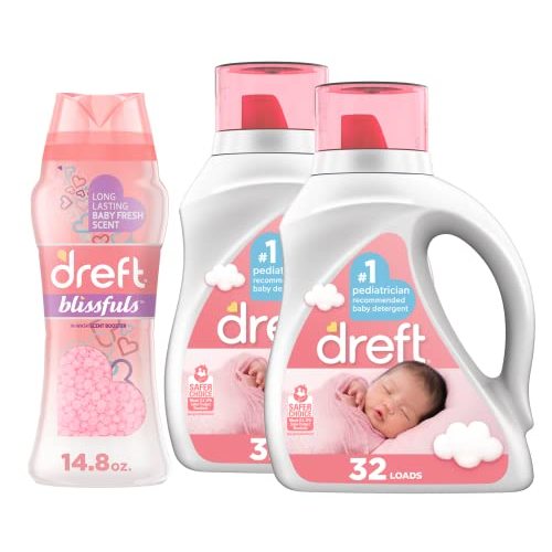 Dreft Stage 1: Newborn Hypoallergenic Baby Laundry Detergent Liquid Soap, 64 Total Loads, 46 Ounce (Pack of 2), & Dreft Blissfuls Laundry Scent Booster Beads for Washer, Baby Fresh Scent, 14.8 oz