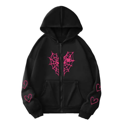 Women's Oversized Zip Up Hoodie Spider Web and Heart Shaped Print Pullover Jacket for Fall Winter Dark Gray L