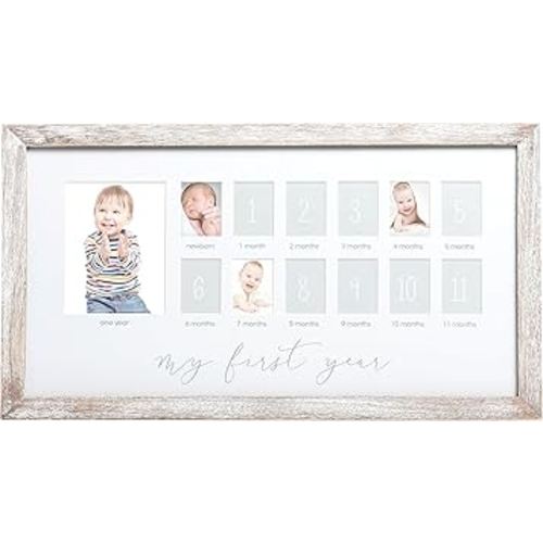 Pearhead My First Year Picture Frame, Baby's First Twelve Months Photo Collage and Gender Neutral Keepsake, Ideal for Baby Shower, New Mom Gift and Nursery Decor, Distressed Wood