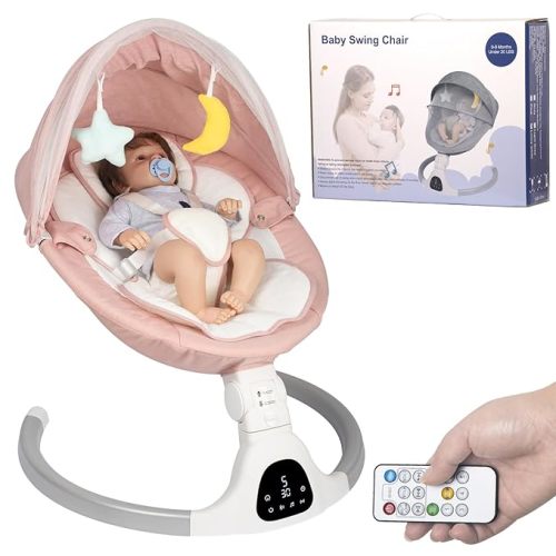 JFOVMCYG Electric Baby Swing for Infants, with Bluetooth Remote Control Timing Function and 10 Music 5 Swing Speeds 3 Seat Positions Baby Bouncer for Boy Girl Indoor & Outdoor Use (Pink)