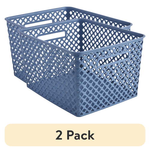 (2 pack) Mainstays Large Blue Decorative Plastic Storage Basket, 14.7 in x 12 in x 8.5 in