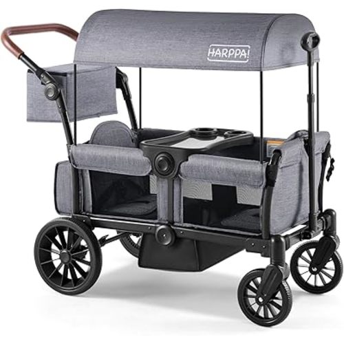 HARPPA All-Terrain Wagon Stroller for 2 Kids, Foldable Outdoor & Beach Stroller Wagon with Removable Canopy, Adjustable Push & Pull Handle, Footwell & Large Storage, Grey