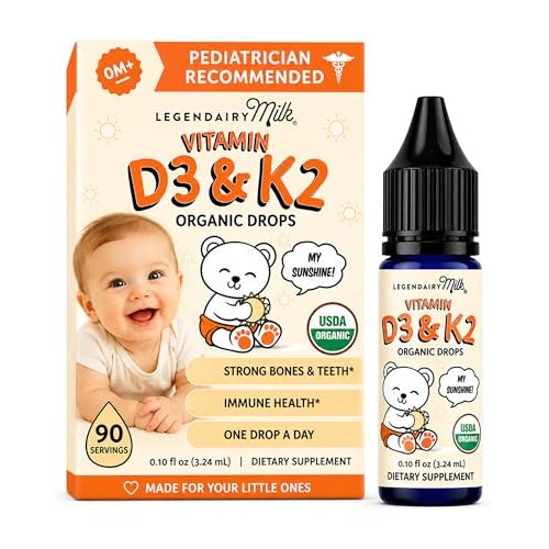 Legendairy Milk Vitamin D Drops for Infants, Organic Baby Vitamin D3 K2 Liquid 400 IU, Vegan for Newborns Toddlers & Kids, Childrens Supplement for Strong Bones & Teeth, Sugar Free, 90 Servings