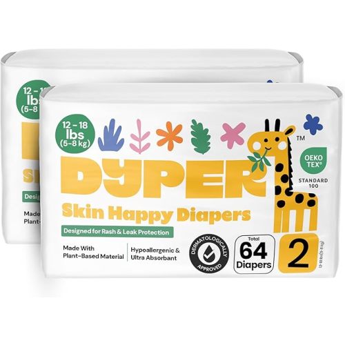 DYPER - Pack of 2 Baby Diapers Size 2 (64 Count) - Leak Proof, Plant Based, Hypoallergenic & Ultra Absorbent Disposable Diaper for Day & Overnight, Skin-Friendly Comfort Size 2 Diapers (12-18 lbs)