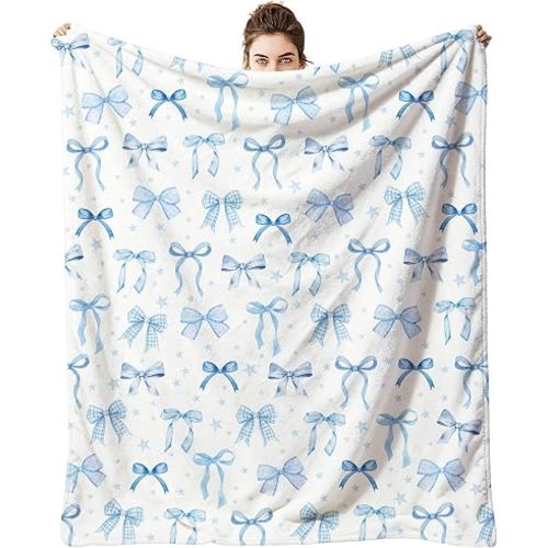 50x60 Inch Blue Bow Flannel Blanket, Lightweight Warm Throw Blanket for Couch Chair Bed, Coquette Girly Decor Gifts for Home