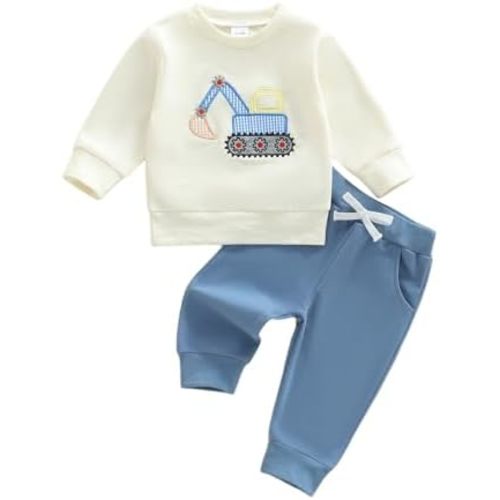 FOCUSNORM Toddler Baby Boy Fall Winter Outfit Excavator Embroidered Long Sleeve Sweatshirt Elastic Jogger Pant 2 Pcs Clothes