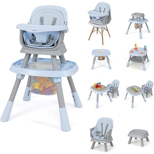 INFANS 9 in 1 High Chair, Convertible Baby Highchair for Babies and Toddlers, Table and Chair Set Building Block Infant Dining Booster Seat, Kids Stool with Activity Children Play Kitchen (Blue)