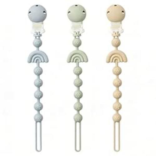 Baby Pacifier Clips One Piece Binky Clip Holder Silicone Teether Clip Pacifier Straps with Clip Baby Teether Toys for Boys and Girls Set of 3 Andy Bear-Ivory+Sage+Baby Blue