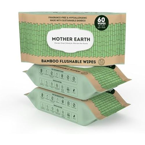 MOTHER EARTH Bamboo Flushable Wipes for Sensitive Skin, Septic Safe, Hypoallergenic, Unscented Toilet Wipes (Pack of 3, Total of 180 Flushable Wipes)