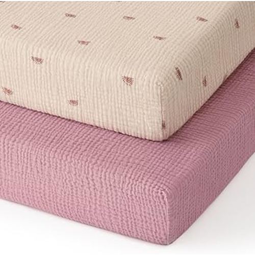 Blissful Diary Muslin Mini Crib Sheets, Pack and Play Mattress Sheets Fitted for Pack N Play, Soft Cotton for Boys Girls, 2 Pack(Sunshine&Blush Pink)