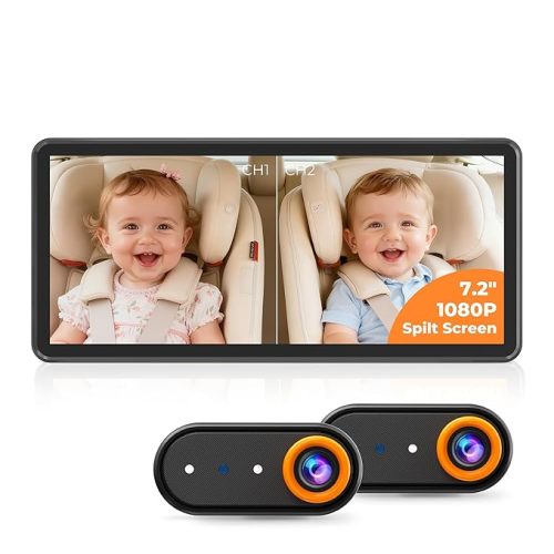 BM5PRO 7.2" 1080P HD Baby Car Camera for 2 Kids, Split Screen with IR Night Vision, Easy to Install & Adjust Brightness, Dual Car Camera Baby Monitor for Rear Seat Safety