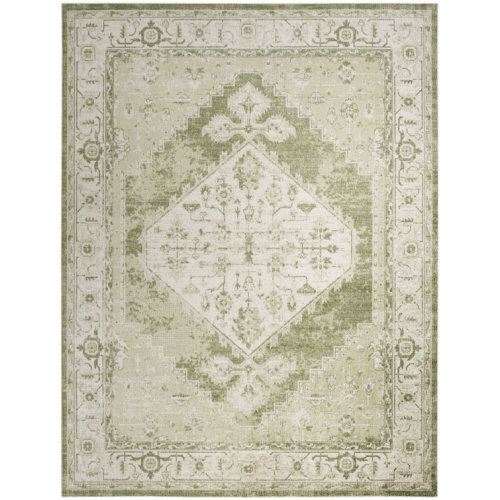 Haydel Oriental Machine Washable Power Loom Polyester Area Rug in Ivory/Green