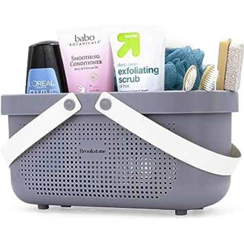 Brookstone BKH1633, Large Portable Shower Caddy with Soft Silicone Carrying Handle, Bathroom Organizer Basket, Plastic Bath Tote, Dries Quickly with Drainage Holes [BPA Free], Gray