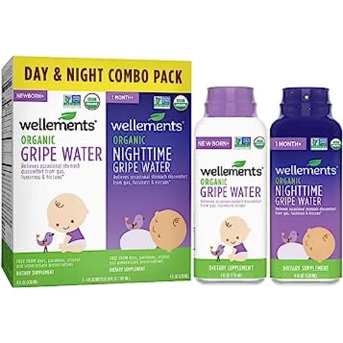 Wellements Organic Baby Gripe Water Day & Night Combo Pack | Relief for Occasional Upset Bellies from Baby Gas, Colic, Hiccups & Fussiness, Gentle*, USDA Certified Organic | Pack of 2, 4 Fl Oz