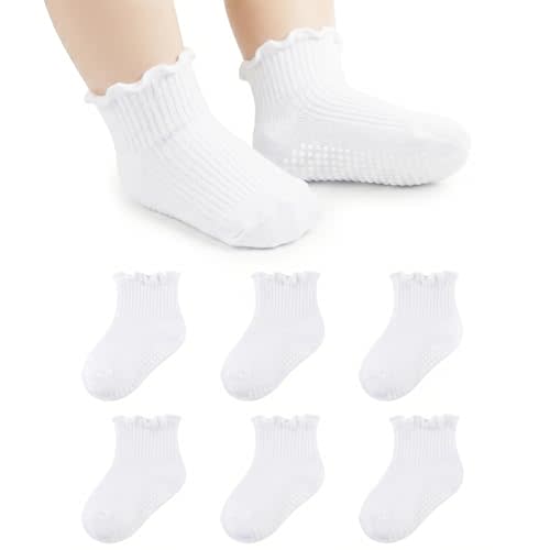 LGFKJNNJ 6 Pairs Toddlers Gilrs Ruffle Grip Socks for Kids Non Slip Anti Skid Frilly Cute Funny Cotton Crew Grippers Socks