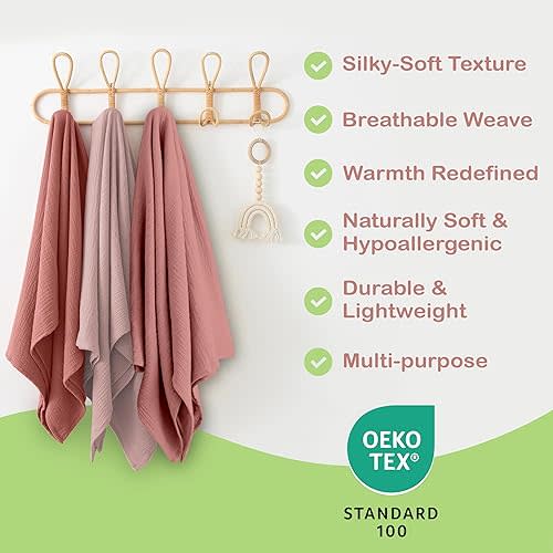 100% Organic Cotton Muslin Baby Blanket - 47 x 47 Inch Breathable Muslin Baby Girl Blanket, Hypoallergenic Double-Layer, Soft and Cozy Newborn Baby Blanket for Everyday Use (Rose/Peach)