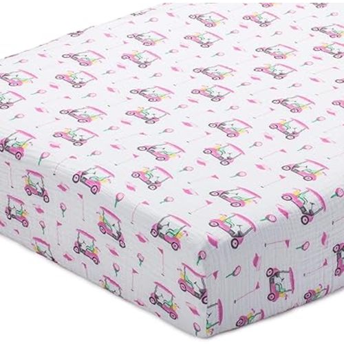 LollyBanks Muslin Crib Sheet 1 Pack, 100% Cotton Soft and Breathable Fitted Crib Sheet for Girls, Cozy and Snug Neutral Baby Bed Sheets for Standard 52 x 28 inches Mattress (Pink Golf Print)