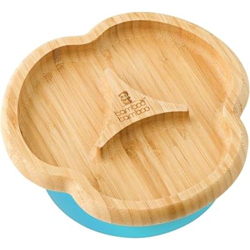 bamboo bamboo Baby and Toddler Plate for Feeding and Weaning, Bamboo Divider Taste Plate with Secure Suction Cup for Babies from 6 Months (Divider, Blue)