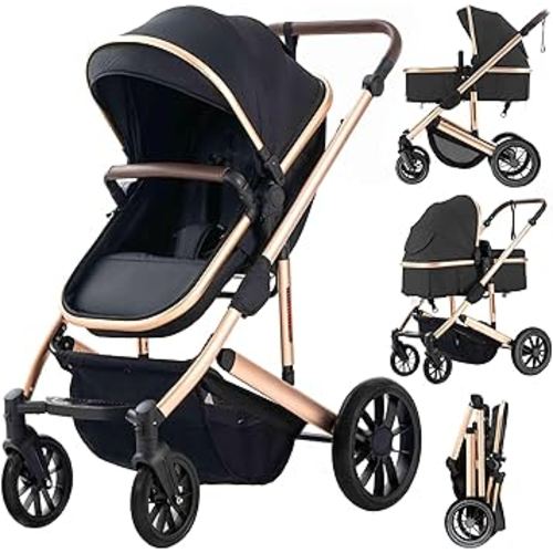 Baby Stroller Newborns and up 2-in-1 Infant Newborn Toddler Pram Convertible Foldable Standard Baby Carriage for 0-36 Months Old Babies(Black)