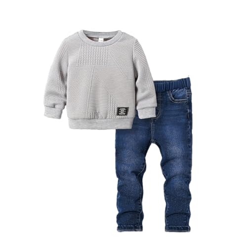 Boys' 2 Piece Outfit: Classic Hooded Sweatshirt with Rib - Knit Cuffs/Hem & Denim Jeans with Pockets Set, 4-8Y
