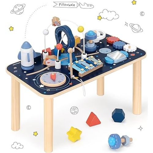Wooden Activity Table, 8 in 1 Baby Activity Cubes for Kids, Toddler Sensory Table, Baby Standing Activity Center, Play Table with Stacking Toys, Bead Maze & Gears for 1 Year Old Boys Girls