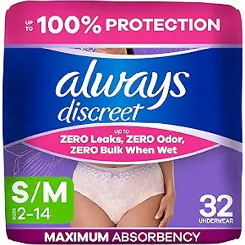 Always Discreet Adult Diapers for Women, Incontinence Underwear, Postpartum Essentials, Disposable Briefs, Max Absorbency, Bladder Leak Protection, Small/Medium, 32ct