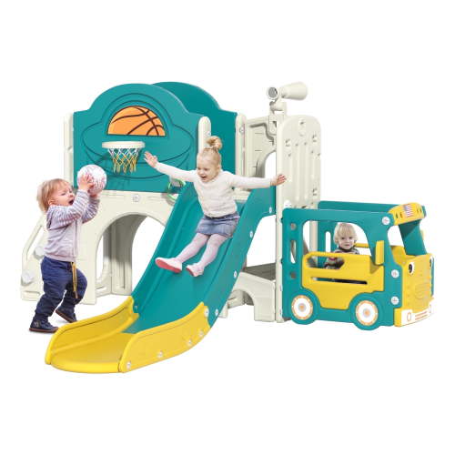 NYEEKOY 9-In-1 Toddler Slide, Bus-Themed Kids Slide and Climber Playset with Basketball Hoop, Ring-Toss, Car Playhouse, Kids Indoor and Outdoor Playground