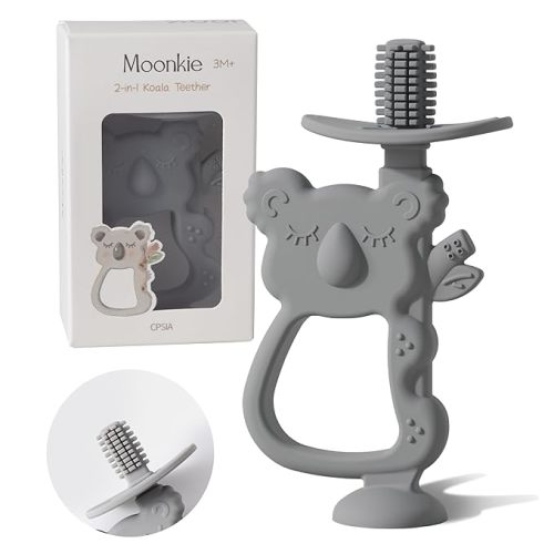 Moonkie Teething Toy, Safe & Easy to Hold BPA Free Silicone Teethers, 360° Baby Toothbrush with Suction Base, Teether Toys Best for Babies 6-12 Months (Koala Ether)